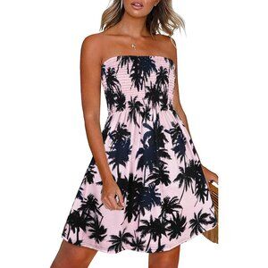 Women Pink Black Tree Strapless Off Shoulder Cover Ups Casual Beach Sundress